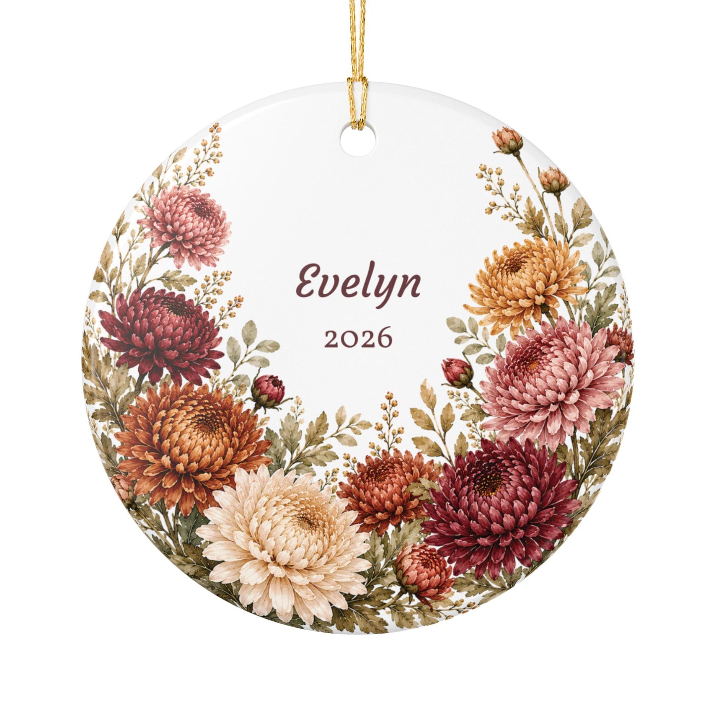Personalized Floral Ceramic Ornament — Custom Name & Year (Evelyn 2026)