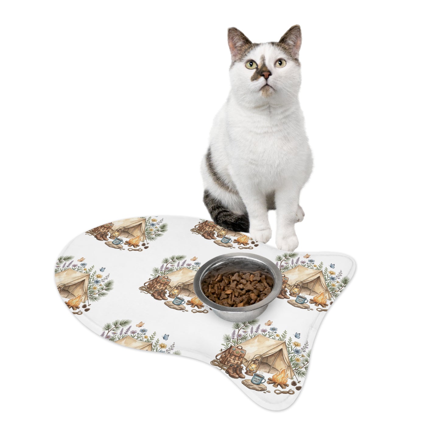 Camping Adventure Pet Feeding Mat — Waterproof Dog Bowl Placemat with Tent & Campfire Design