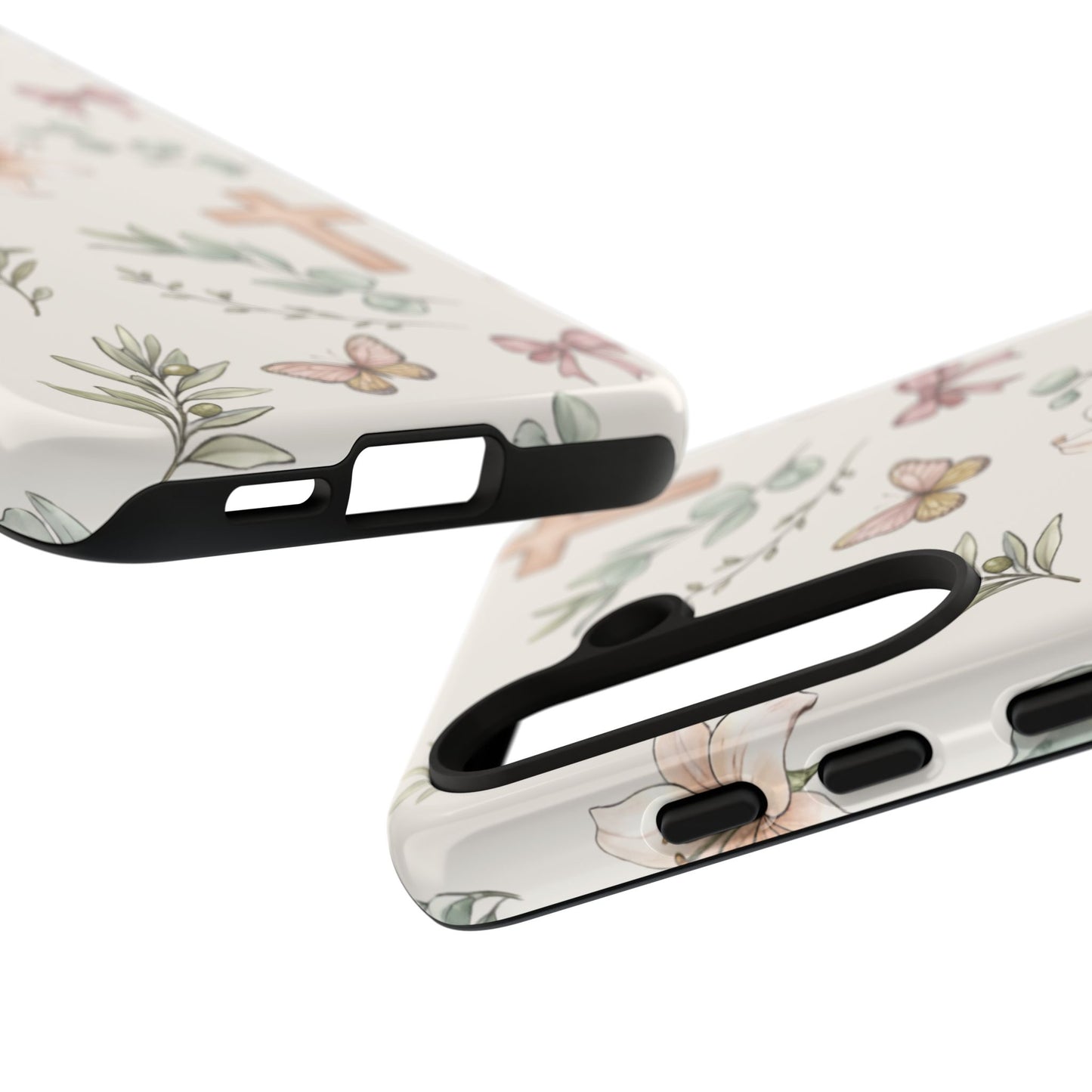 Floral Cross Tough Phone Case — Pastel Butterflies & Bows Christian Design