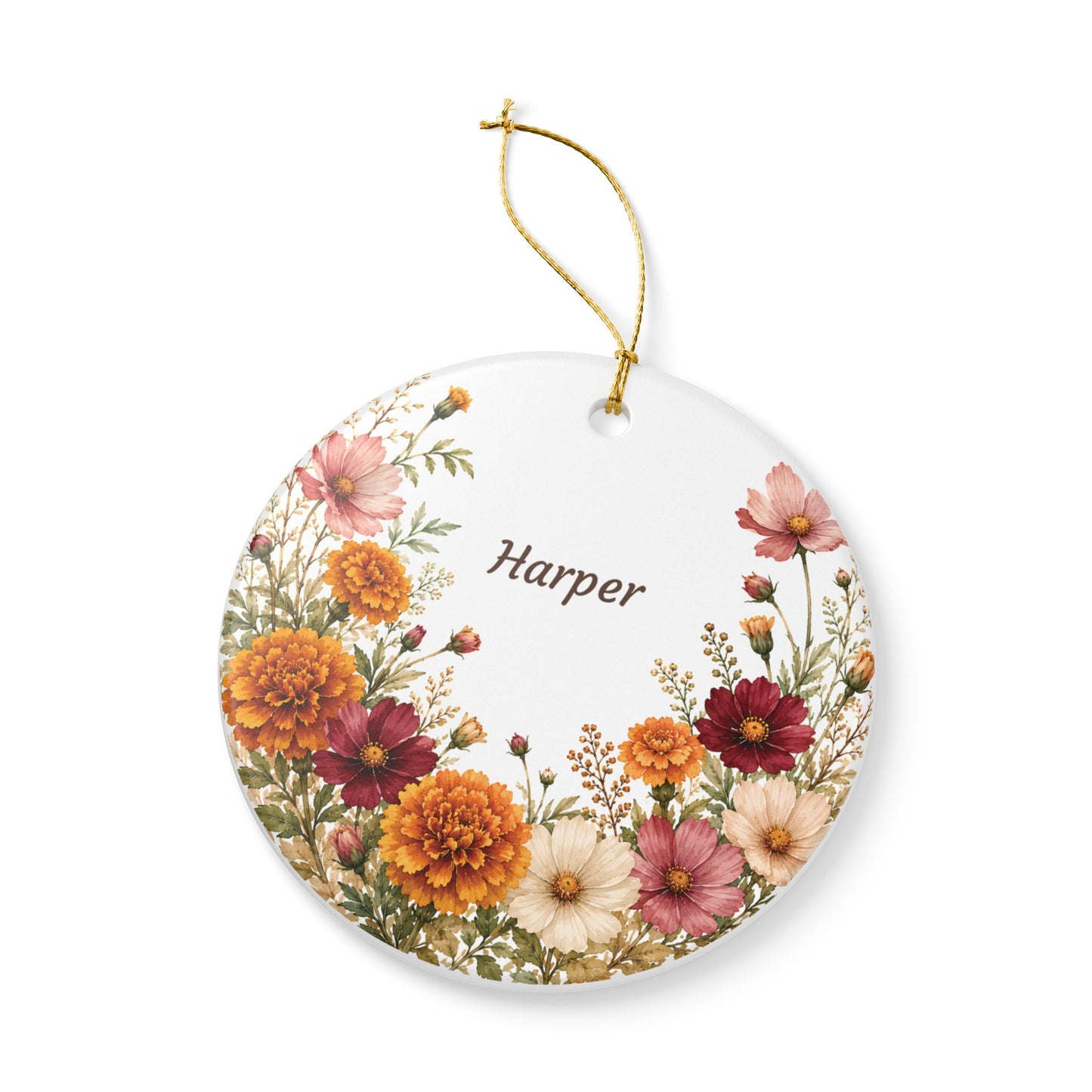 Personalized Floral Ceramic Ornament — Custom Name Fall Bouquet Decoration