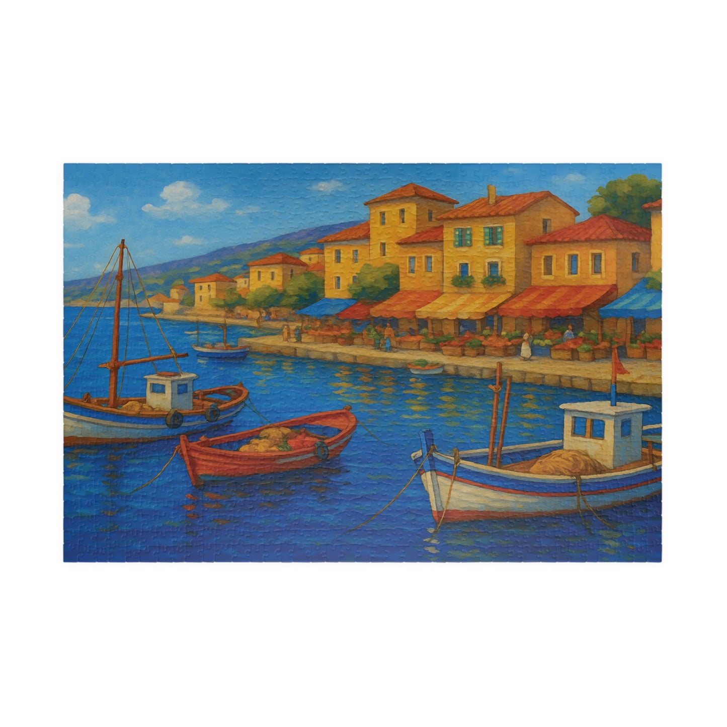Mediterranean Harbor Jigsaw Puzzle – Colorful Coastal Village with Fishing Boats