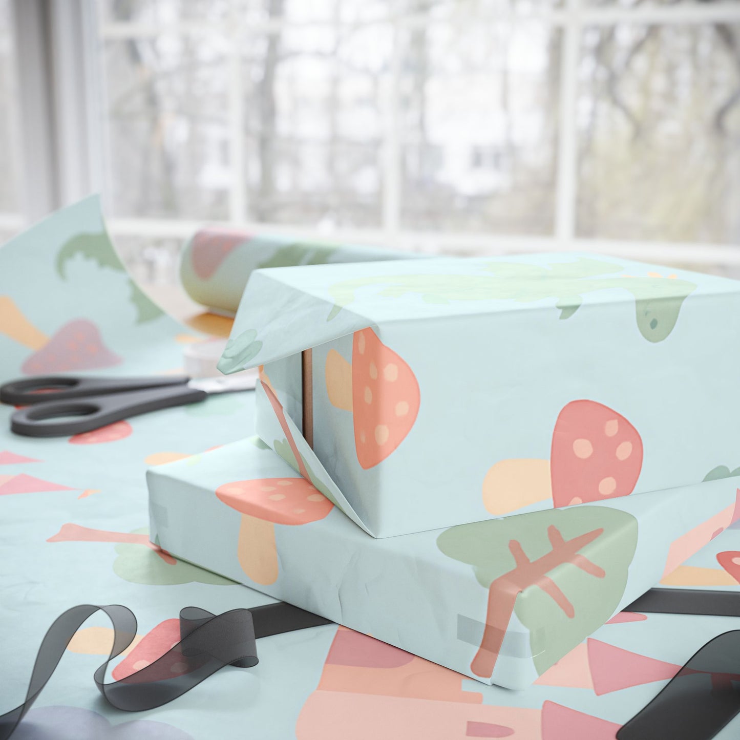 Whimsical Fairy Tale Wrapping Paper – Dragons, Fairies & Castles on Pastel Blue
