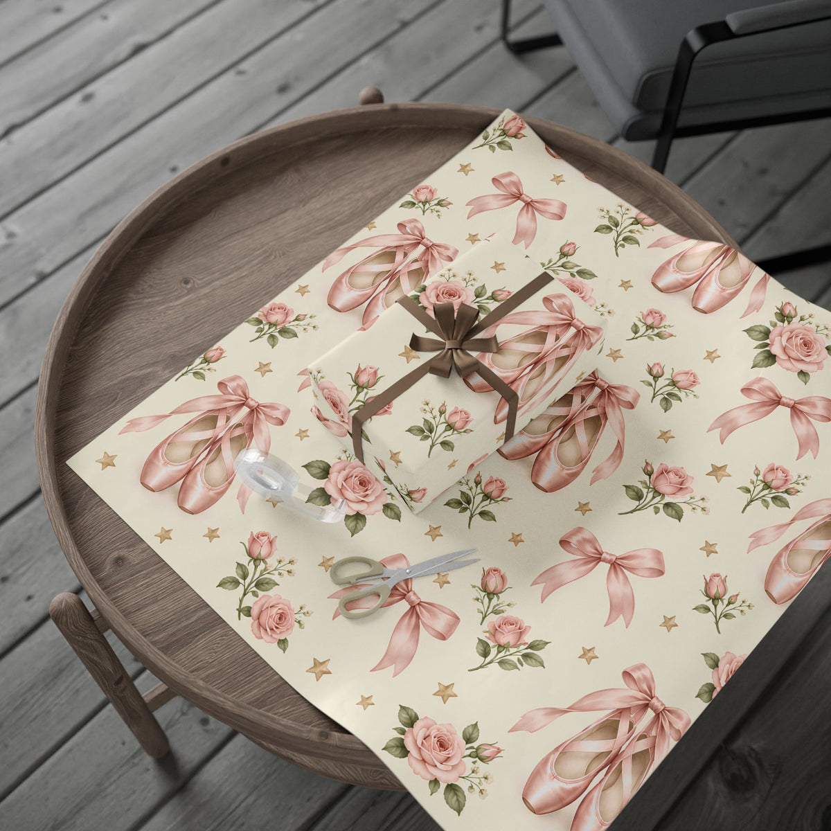 Vintage Ballet Floral Wrapping Paper Roll — Pink Shoes & Roses Gift Wrap