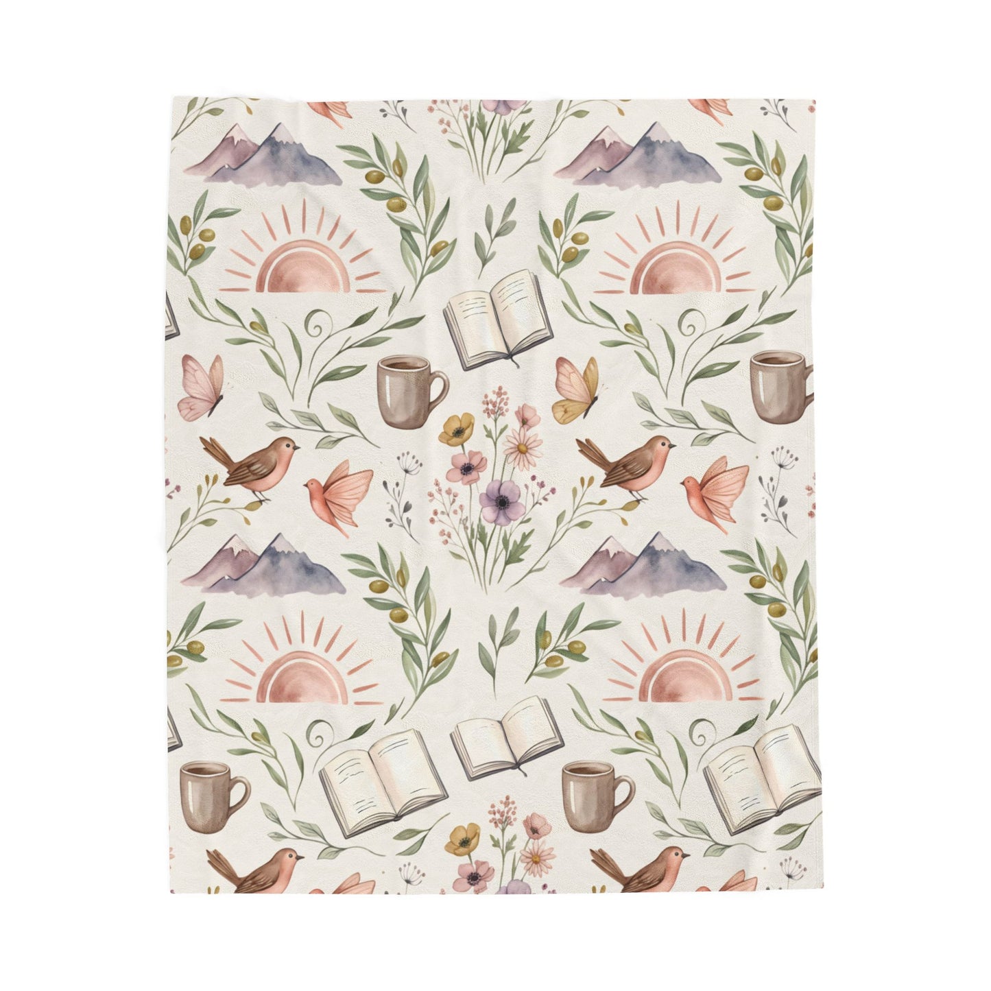 Cozy Bookish Floral Velvet Plush Blanket — Sun, Mountains & Tea Pattern