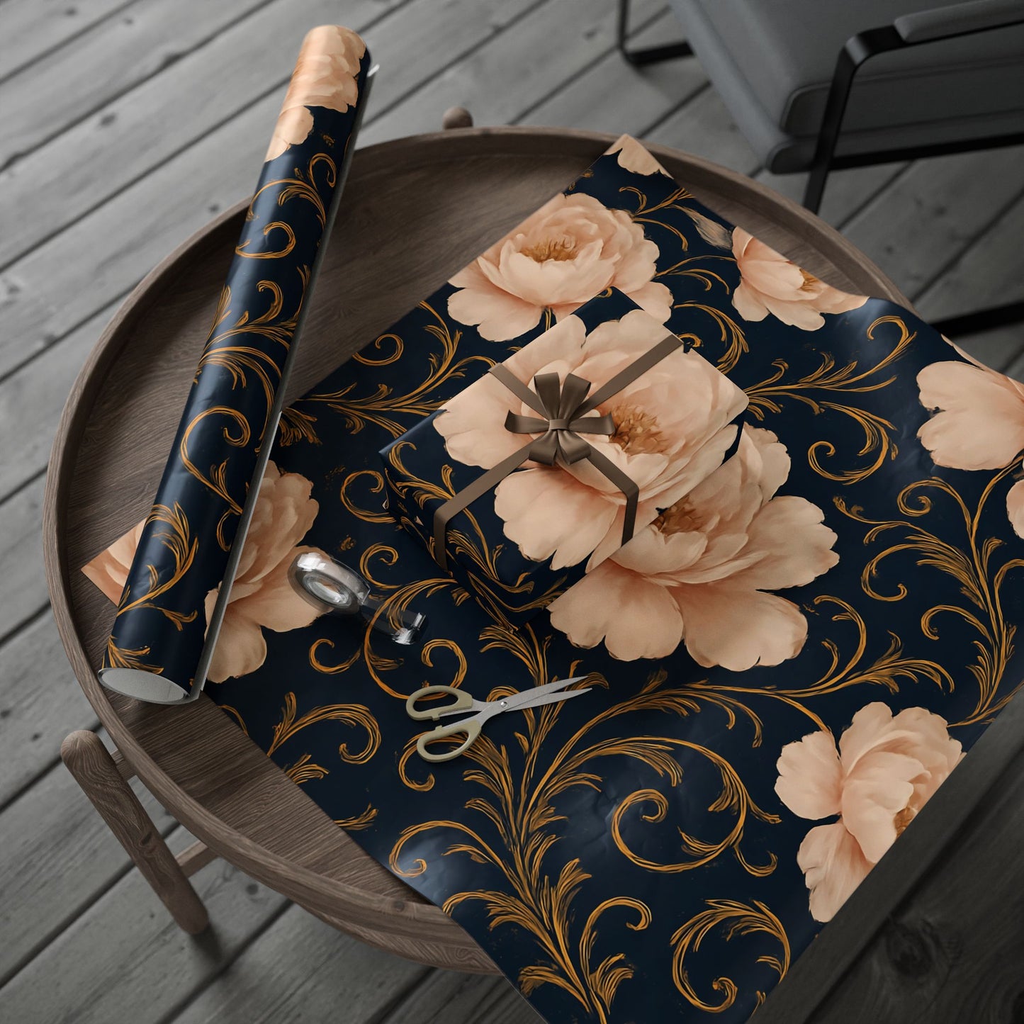 Blush Peony & Gold Scroll Wrapping Paper – Elegant Floral Gift Wrap in Glossy or Matte Finish