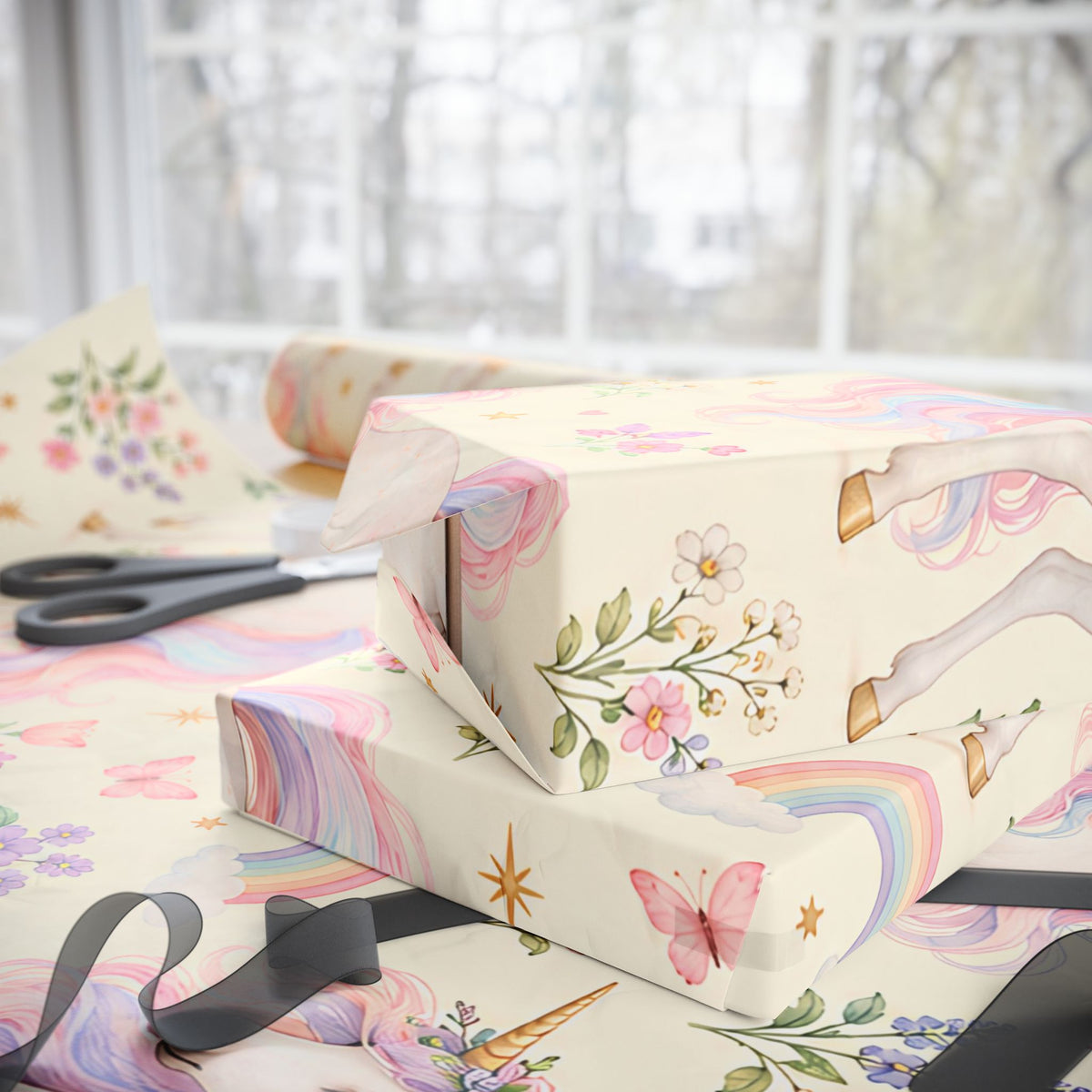 Unicorn Floral Wrapping Paper Roll — Pastel Rainbow Gift Wrap