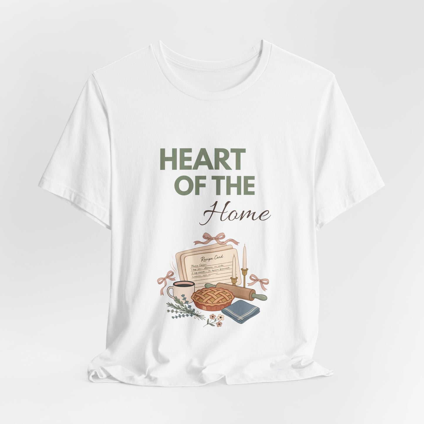 A hanging white t-shirt with 'HEART OF THE Home' on the front.