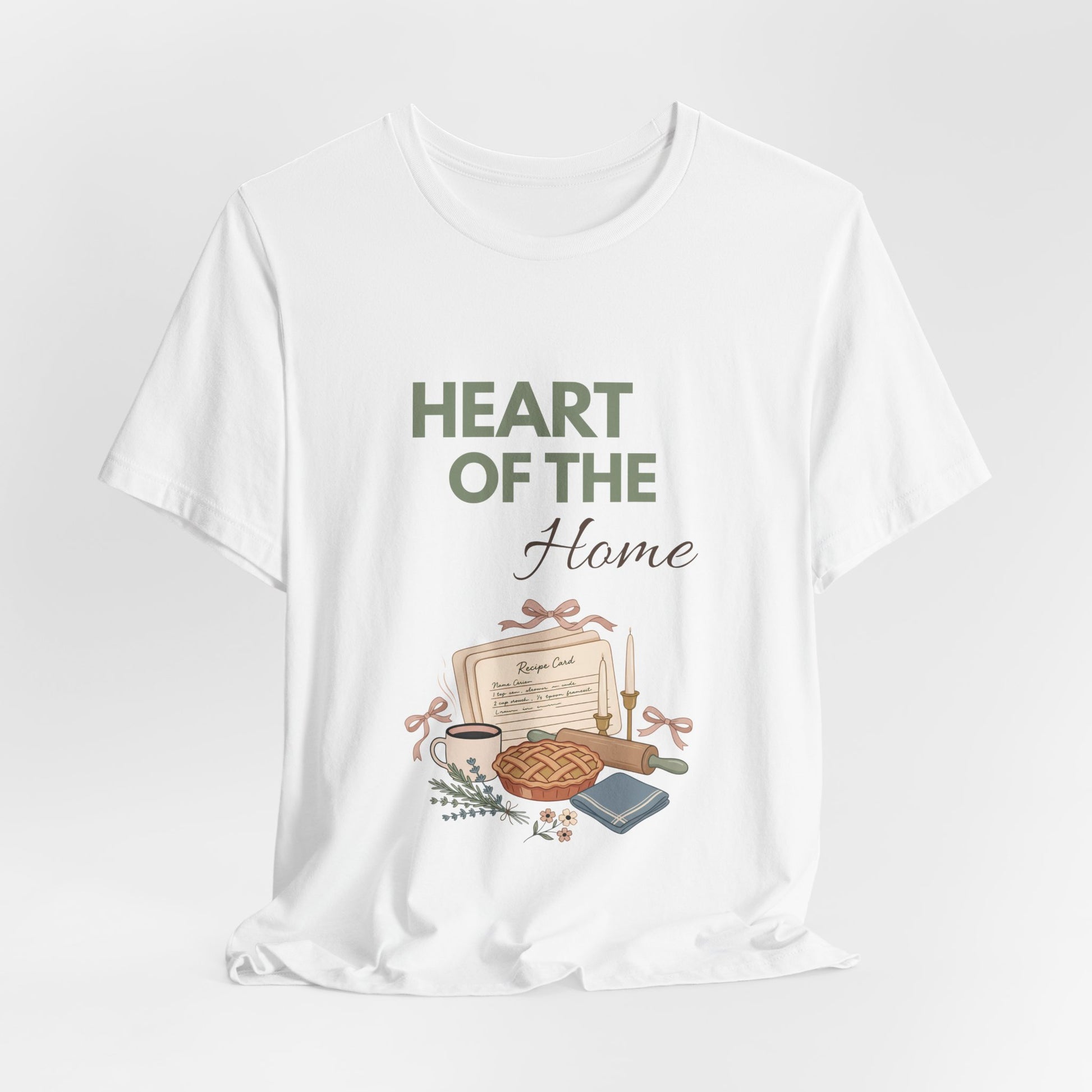 A hanging white t-shirt with 'HEART OF THE Home' on the front.