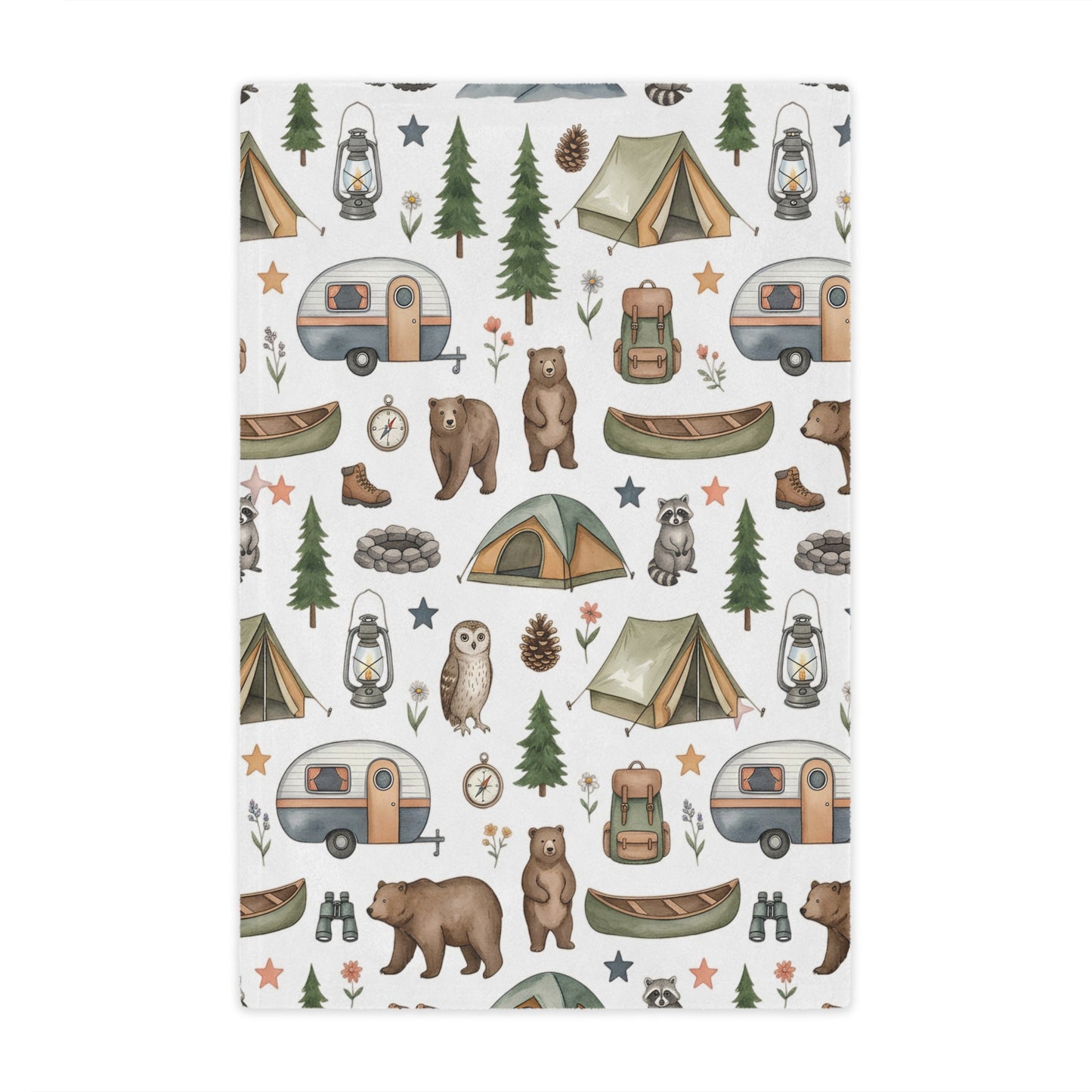 Camping Pattern Minky Blanket — Cozy Outdoor Adventure Throw with Tents, Campfire & Wildlife