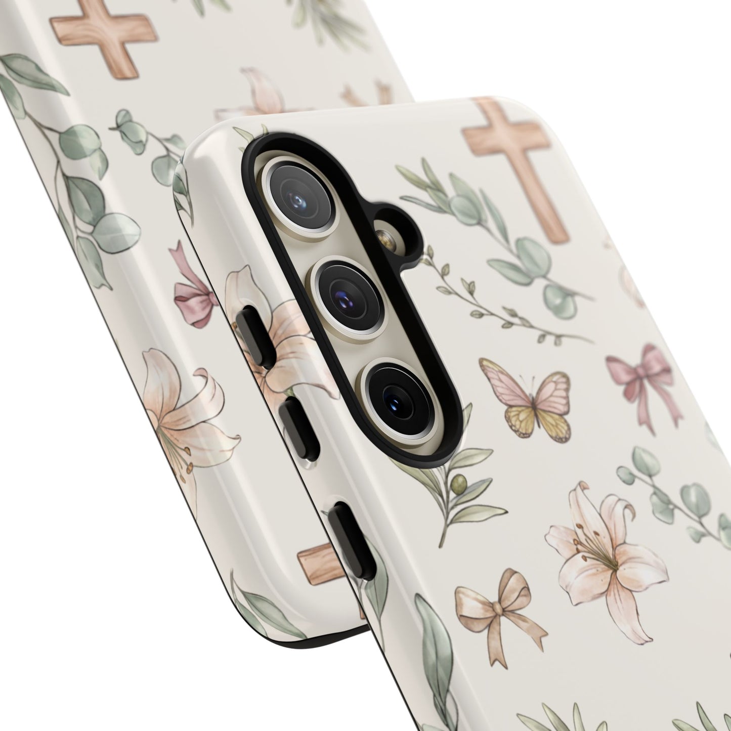 Floral Cross Tough Phone Case — Pastel Butterflies & Bows Christian Design