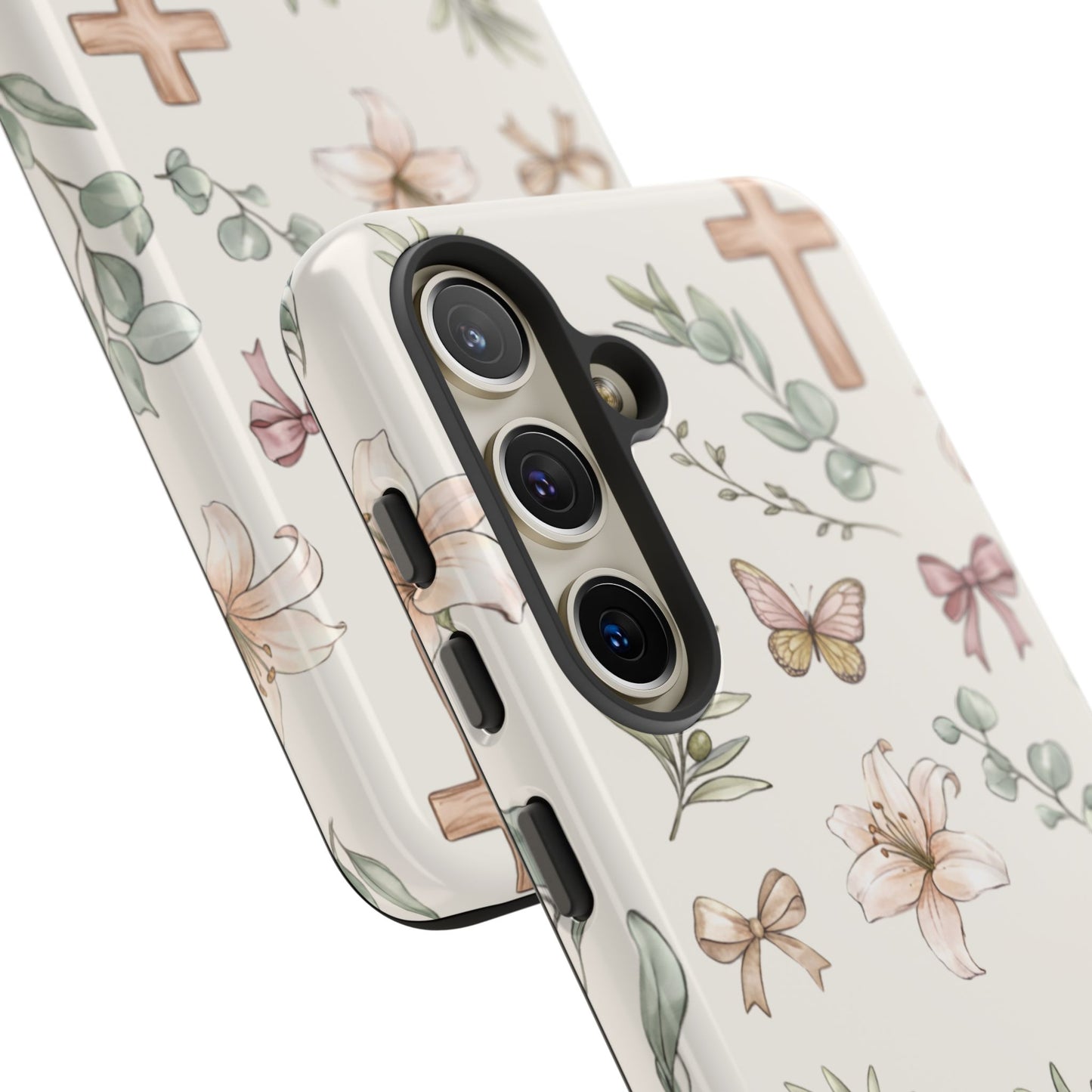 Floral Cross Tough Phone Case — Pastel Butterflies & Bows Christian Design