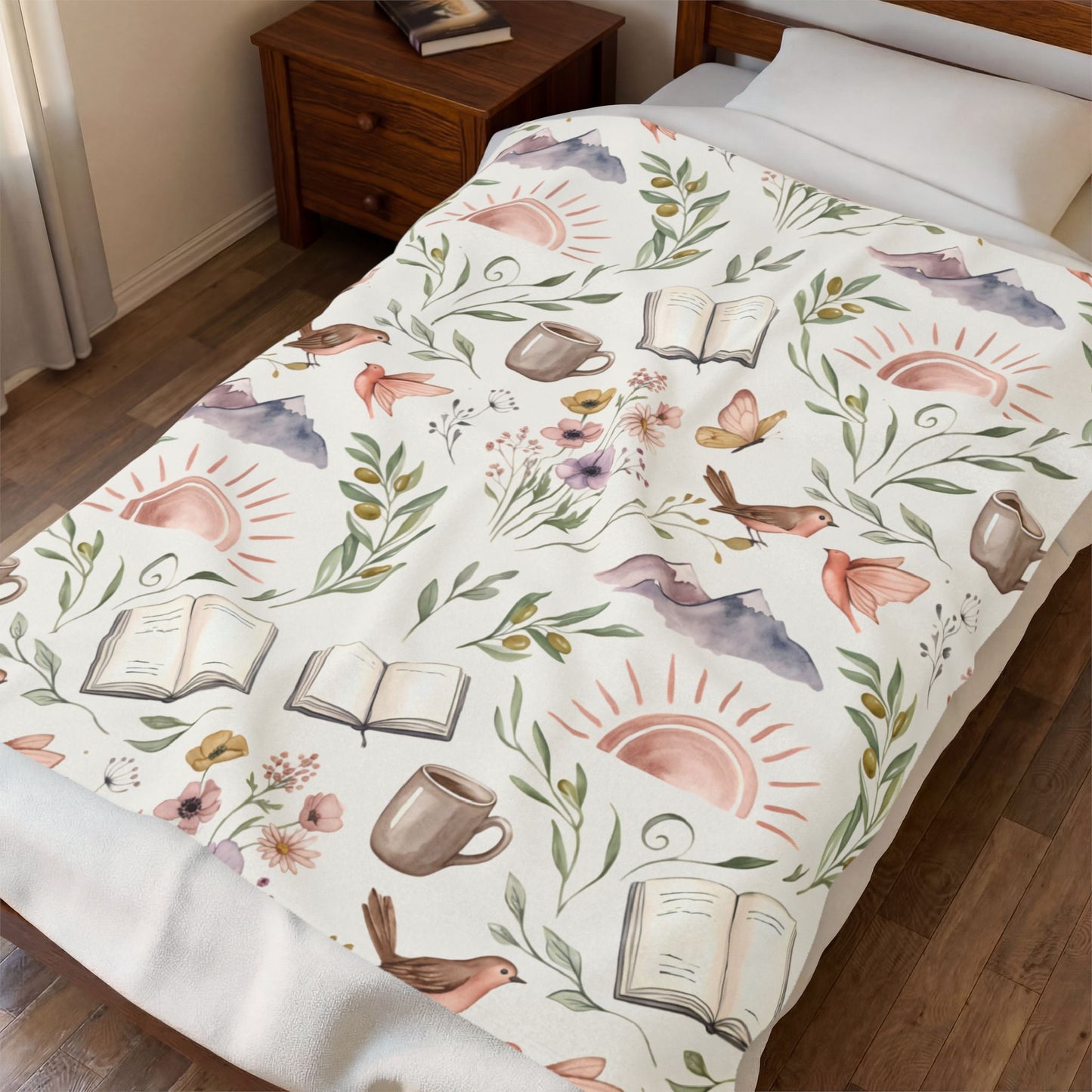 Cozy Bookish Floral Velvet Plush Blanket — Sun, Mountains & Tea Pattern