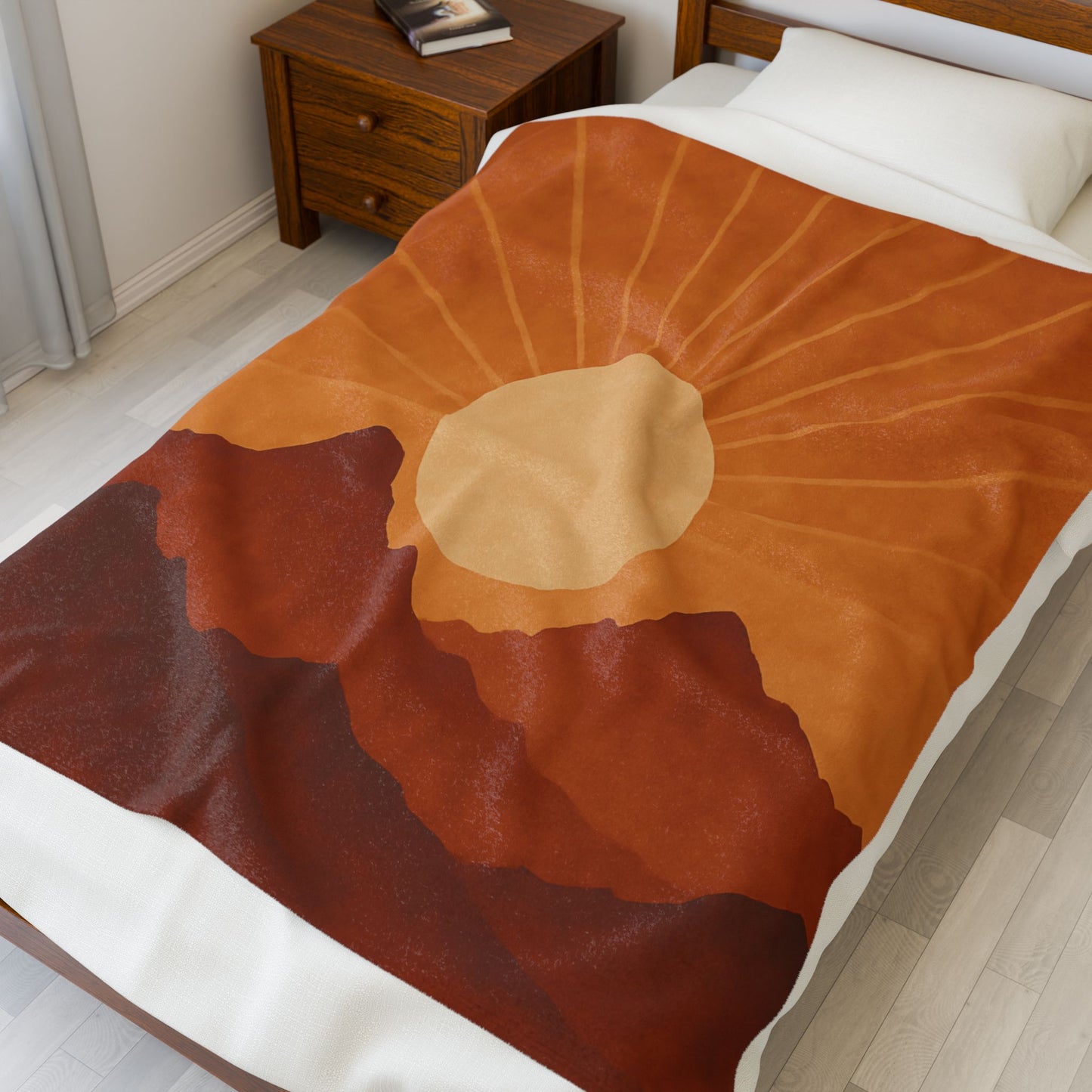 Desert Sunset Mountains Velveteen Plush Blanket – Burnt Orange & Terracotta Landscape Throw