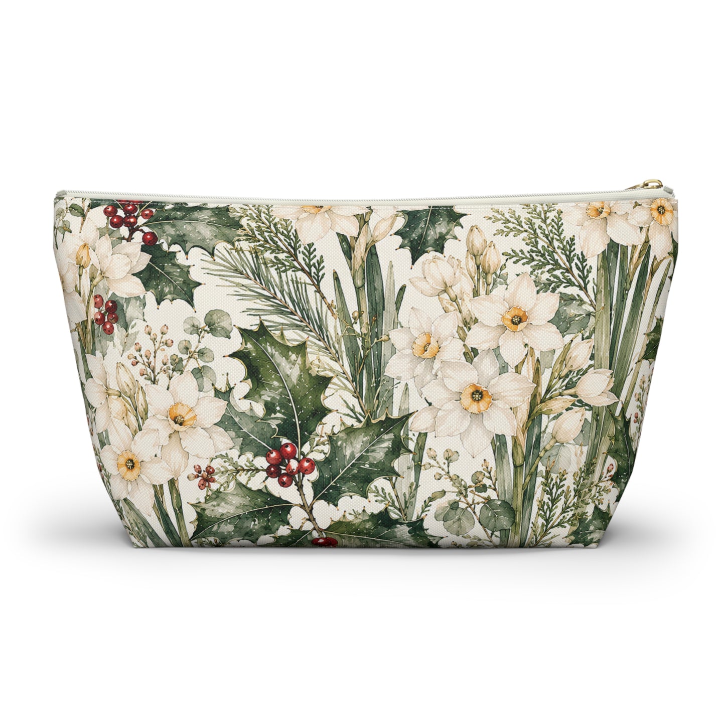Floral Winter Accessory Pouch — Holiday Daffodil & Holly Makeup Bag
