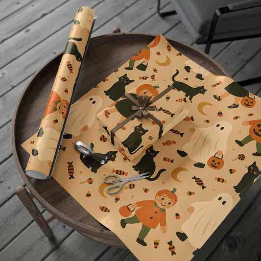 Vintage Halloween Wrapping Paper – Cute Ghosts, Witches, and Black Cats on Parchment Background