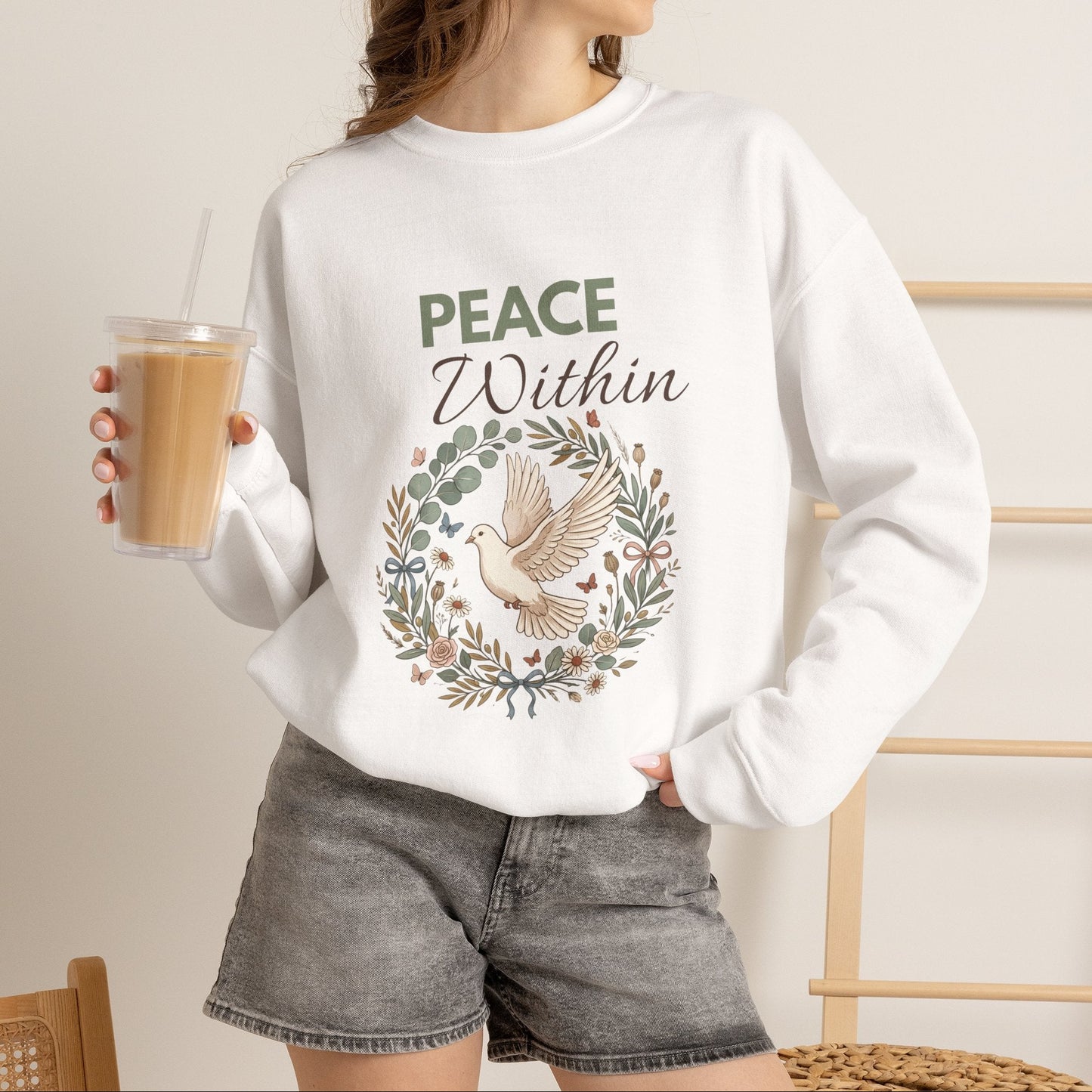 Peace Within Sweatshirt — Dove & Floral Comfort Crewneck