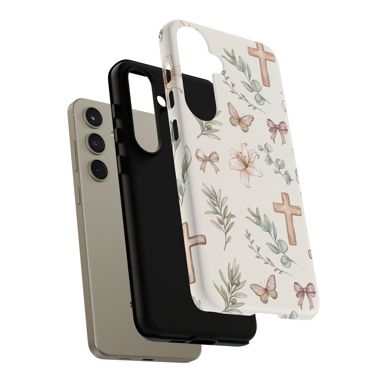 Floral Cross Tough Phone Case — Pastel Butterflies & Bows Christian Design