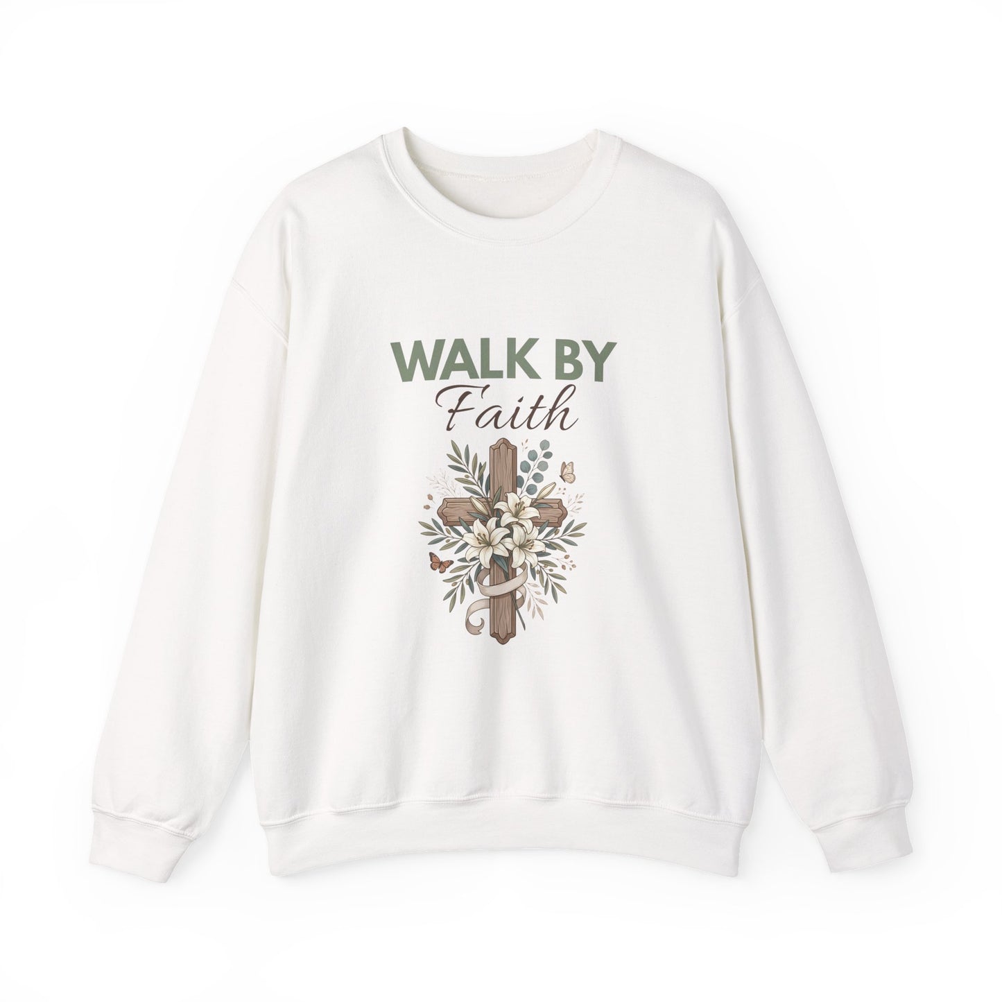 A white crewneck sweatshirt with 'WALK BY Faith' on the front.