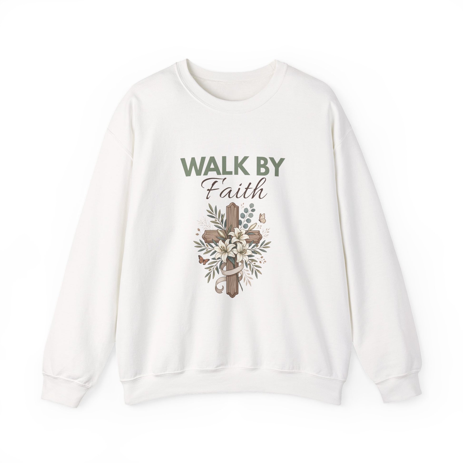 A white crewneck sweatshirt with 'WALK BY Faith' on the front.