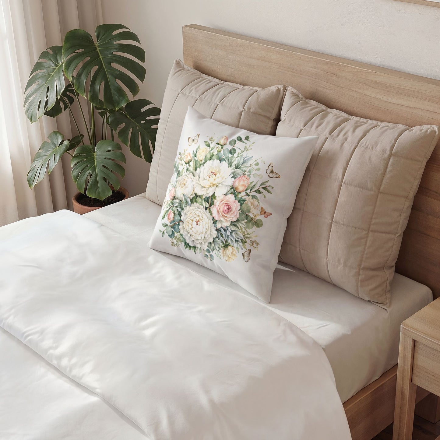 Floral Velvet Pillow — Soft White Peony Bouquet Throw Pillow