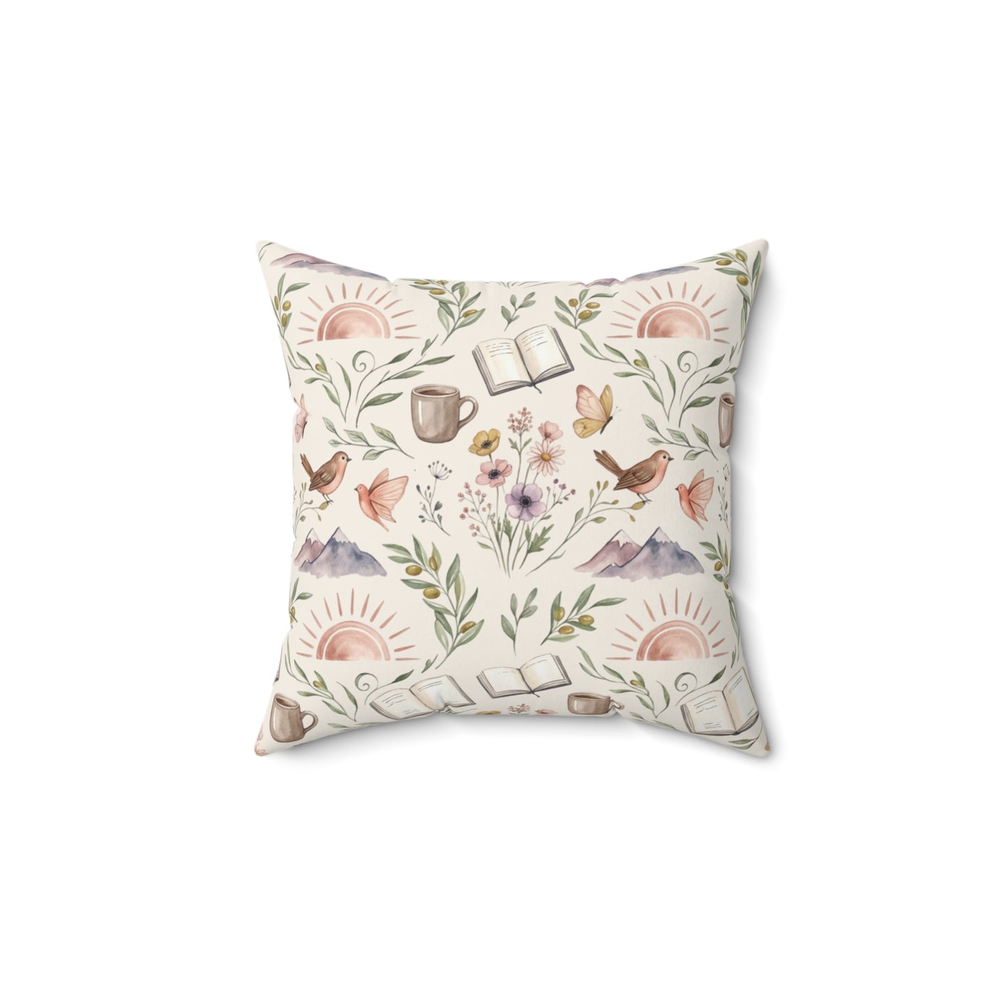 Cozy Book & Coffee Throw Pillow — Mountain Floral Reading Accent