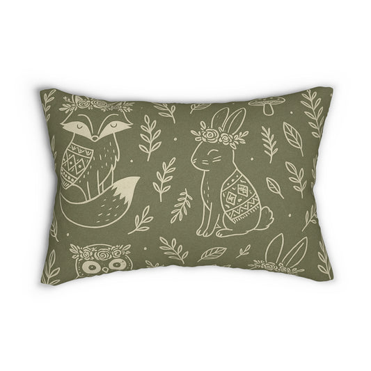 Boho Forest Friends Lumbar Pillow – Fox, Bunny & Owl in Sage Green