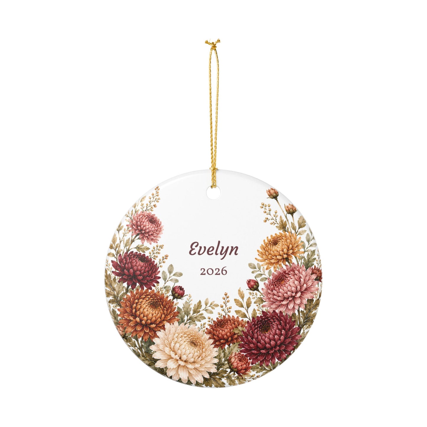 Personalized Floral Ceramic Ornament — Custom Name & Year (Evelyn 2026)