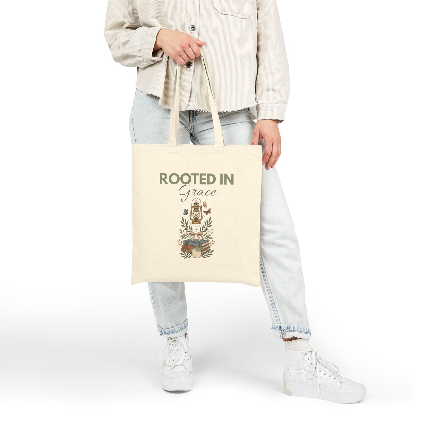 Rooted in Grace Canvas Tote Bag — Floral Faith Grocery & Market Shopper