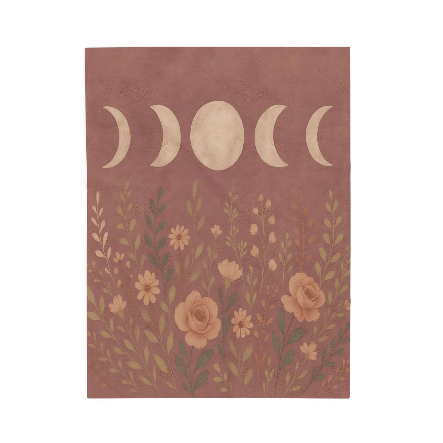 Moon Phases & Wildflowers Velveteen Plush Blanket – Boho Floral Throw for Cozy Nights