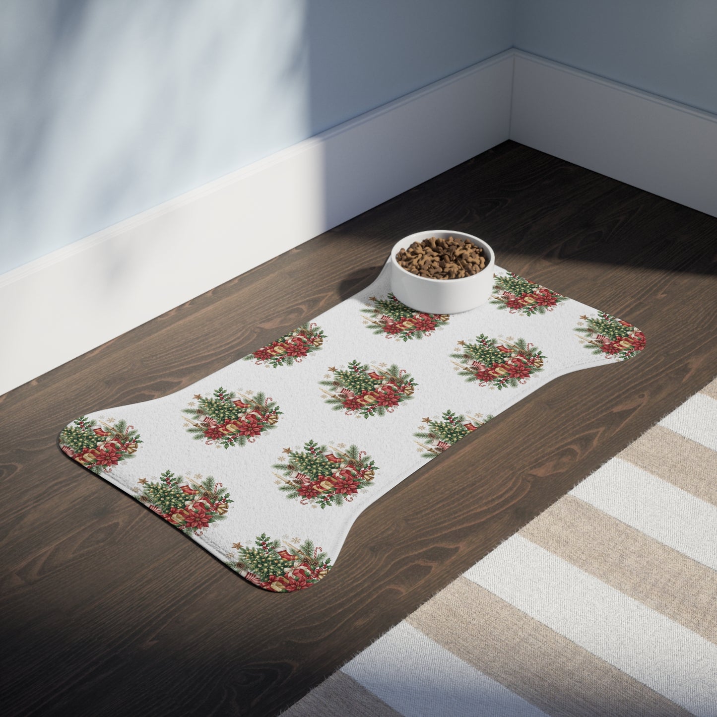 Christmas Pet Feeding Mat — Festive Poinsettia & Tree Placemat for Dogs