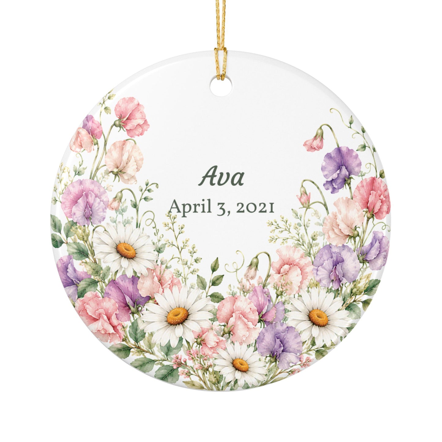 Personalized Floral Name Ornament — Customized Ceramic Keepsake (Name & Date)