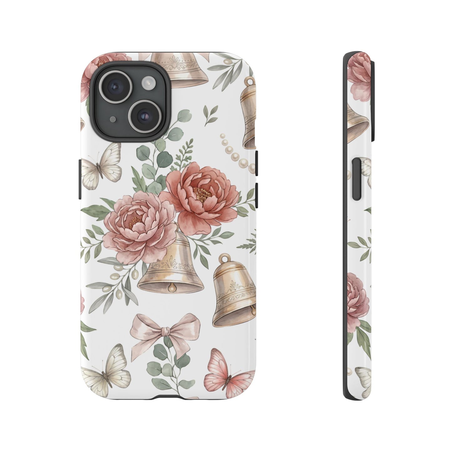 Floral Wedding Bells Phone Case — Vintage Roses, Butterflies & Bow Protective Tough Case