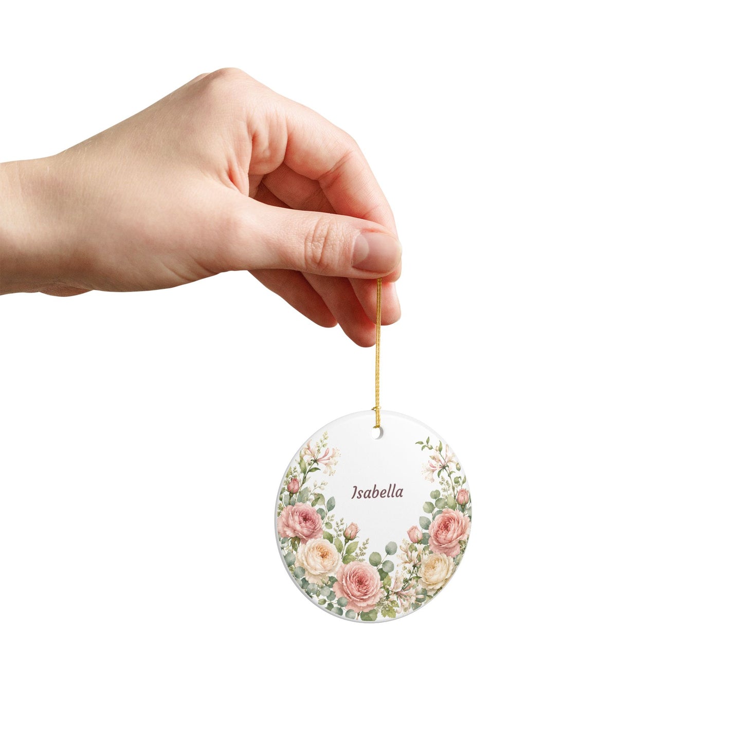 Personalized Floral Ceramic Ornament — Custom Name Rose Wreath Decoration