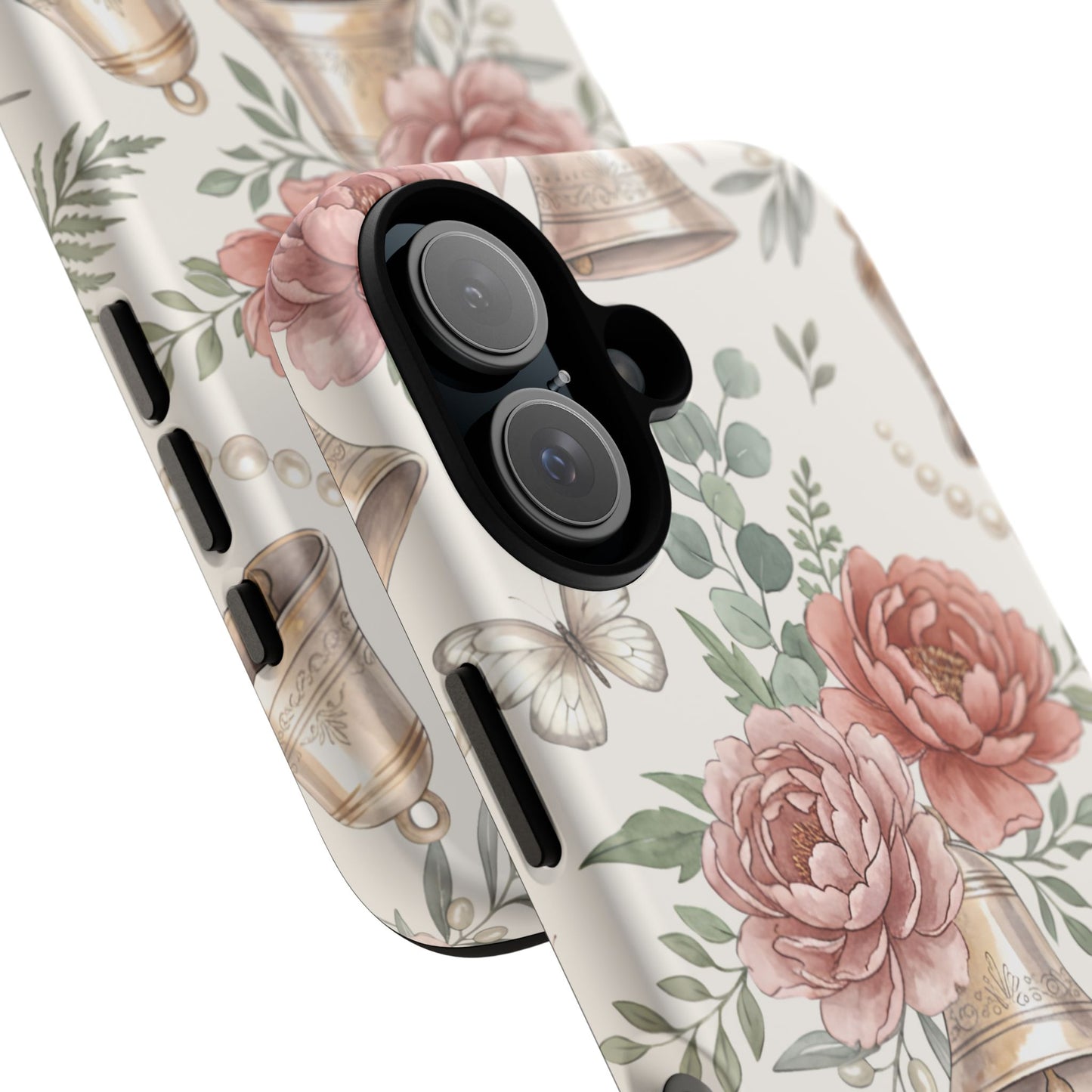 Floral Wedding Bells Phone Case — Vintage Roses, Butterflies & Bow Protective Tough Case