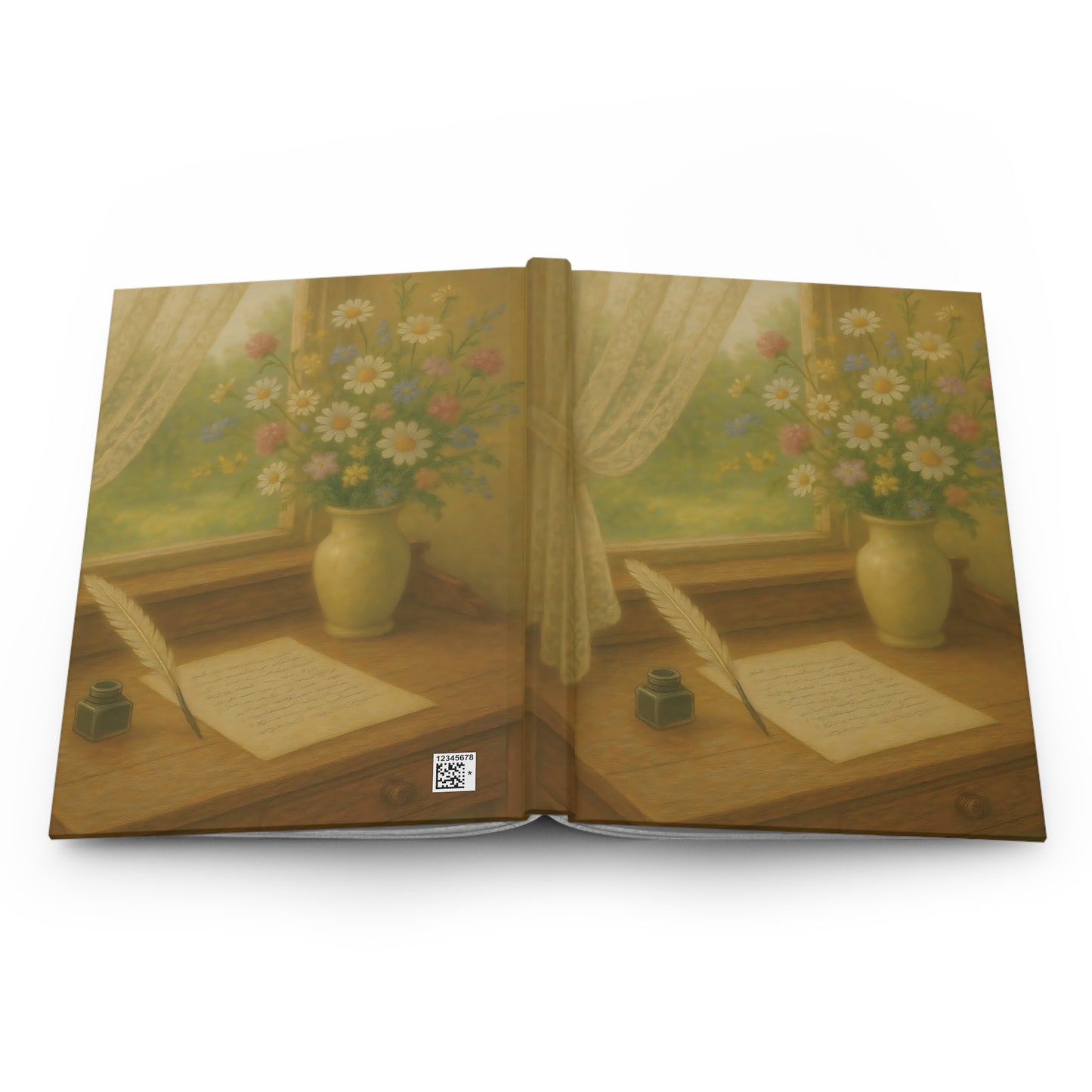 Sunlit Writing Desk Journal – Vintage Floral Window Scene Hardcover Notebook