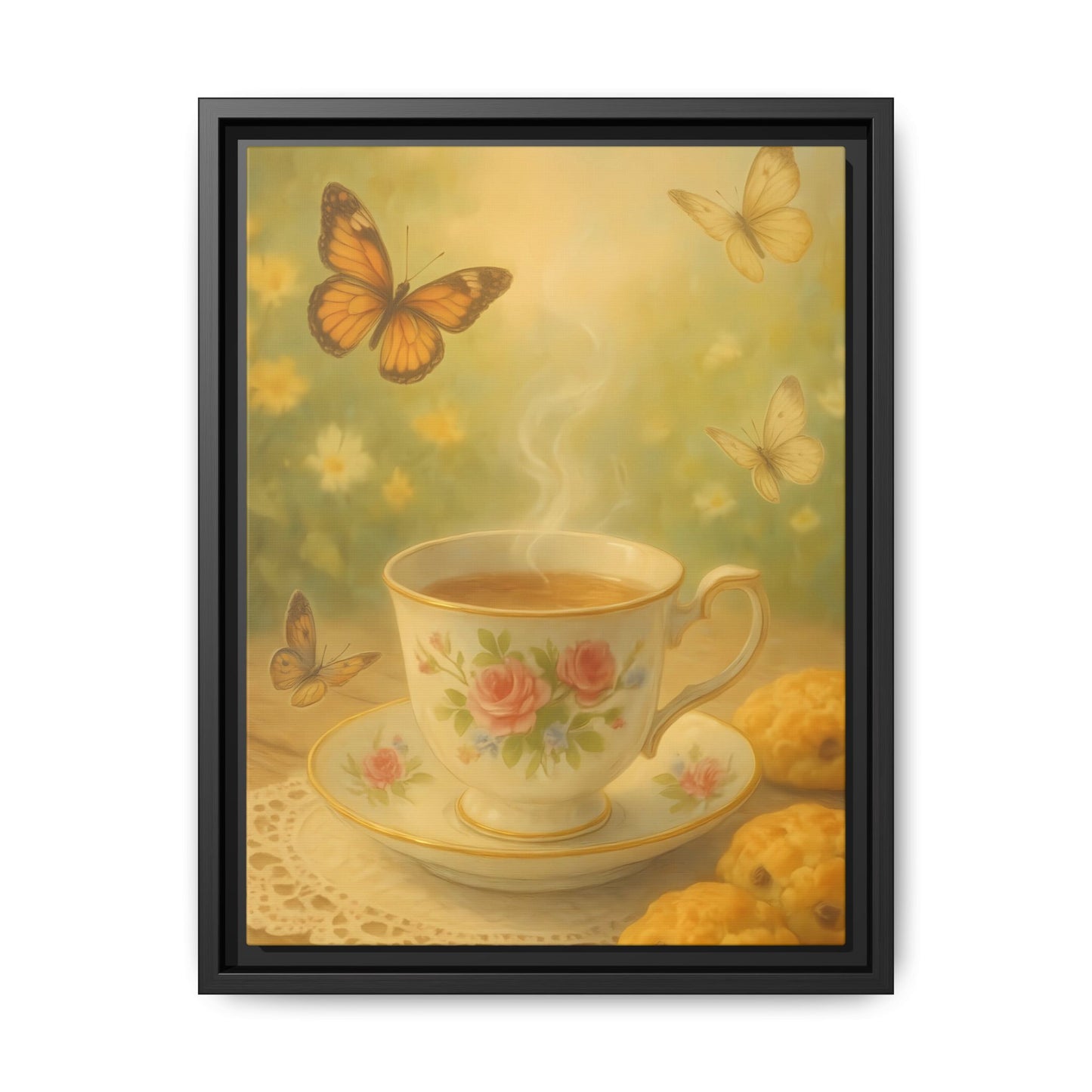 Tea & Butterflies – Framed Matte Canvas of Vintage Teacup and Garden Scene