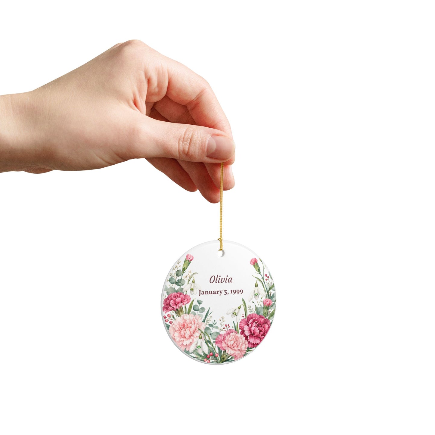 Personalized Floral Name Ornament — Custom Name & Date Ceramic Decoration