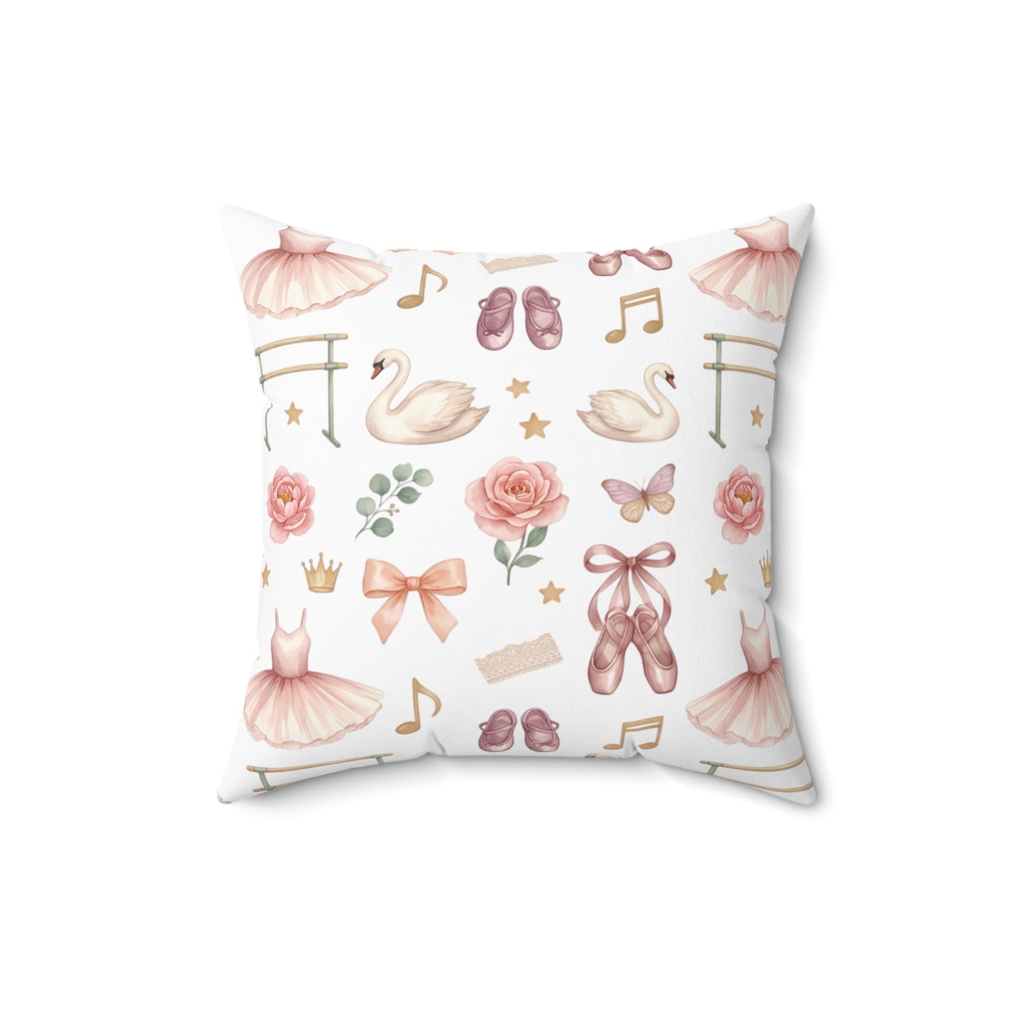 Ballet Dancer Pattern Square Throw Pillow — Pink Tutu, Ballet Shoes & Swan Decorative Cushion