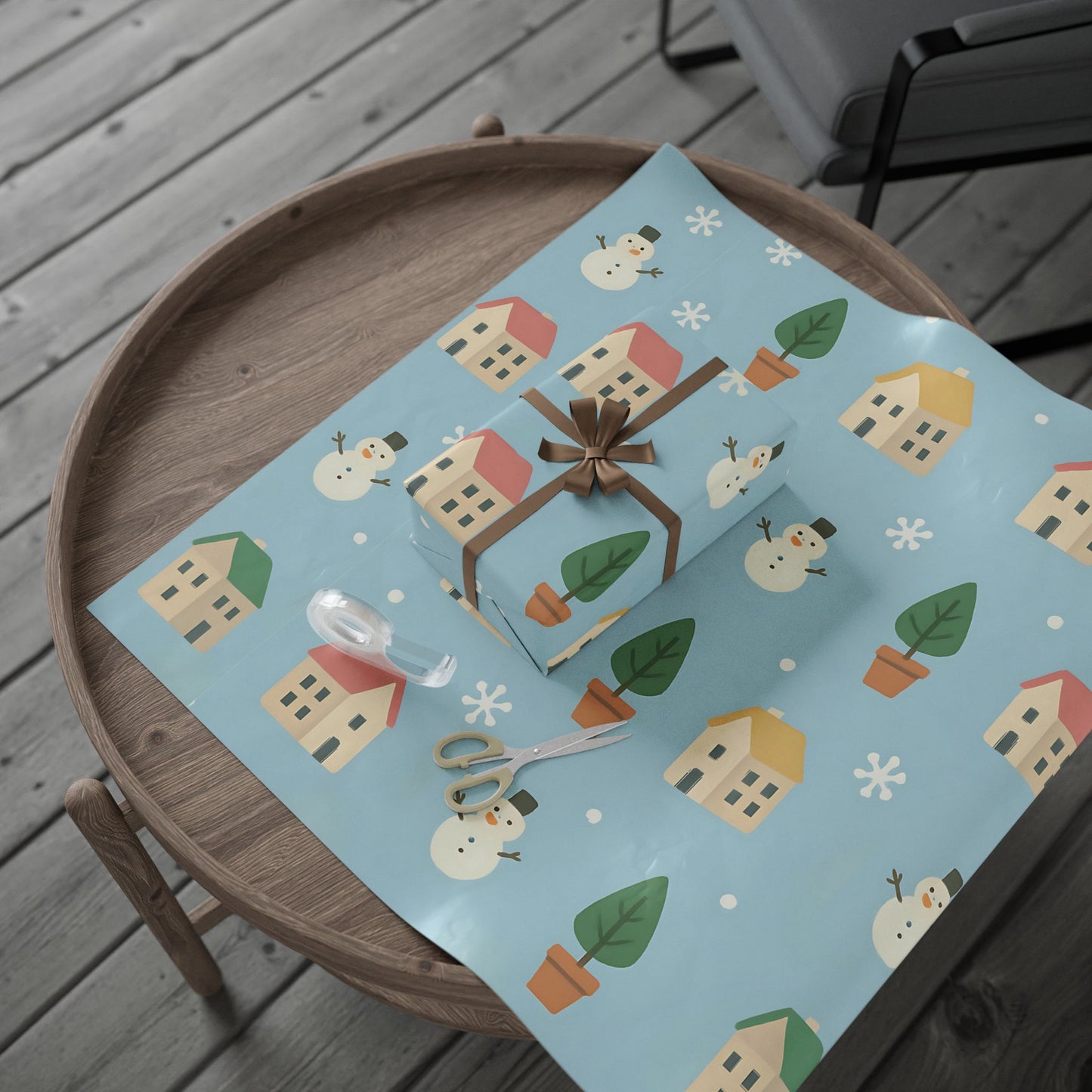 Whimsical Winter Village Wrapping Paper – Snowmen, Trees & Cozy Houses