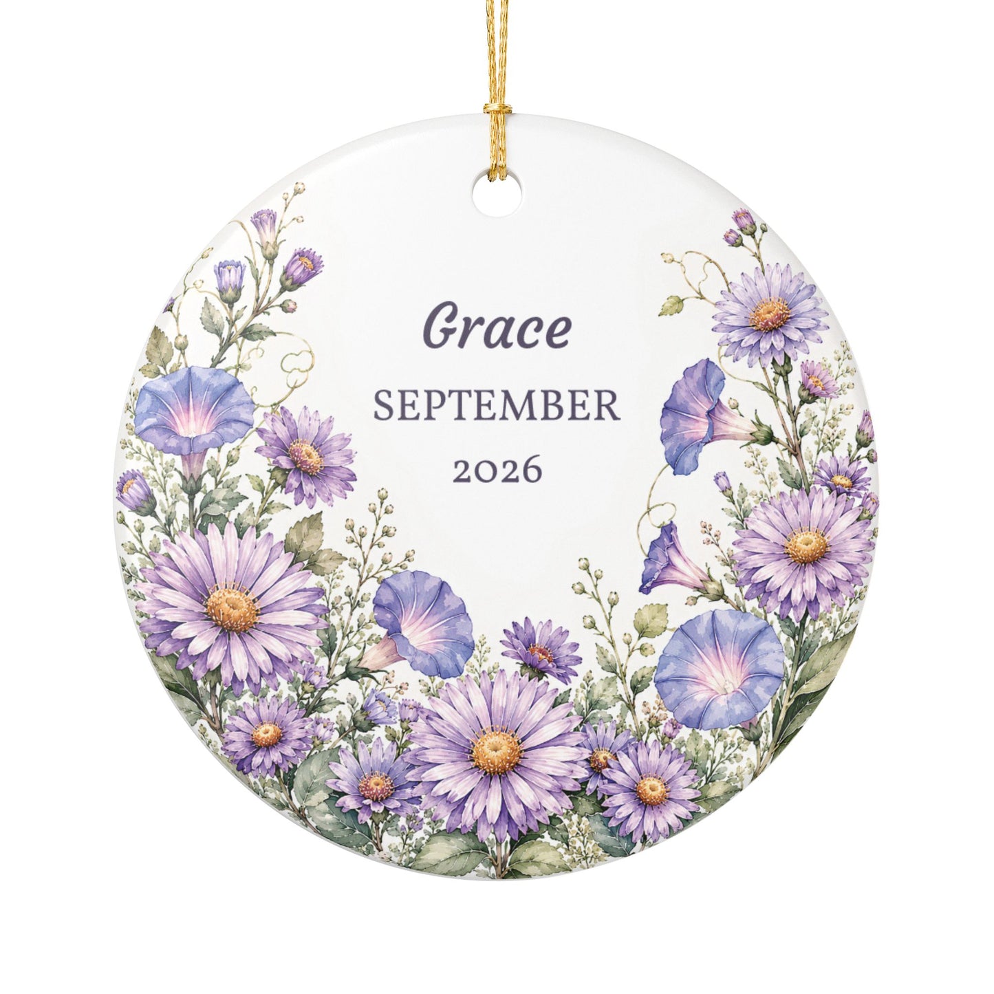 Personalized Ceramic Ornament — Purple Daisy Floral Birth/Memory Keepsake
