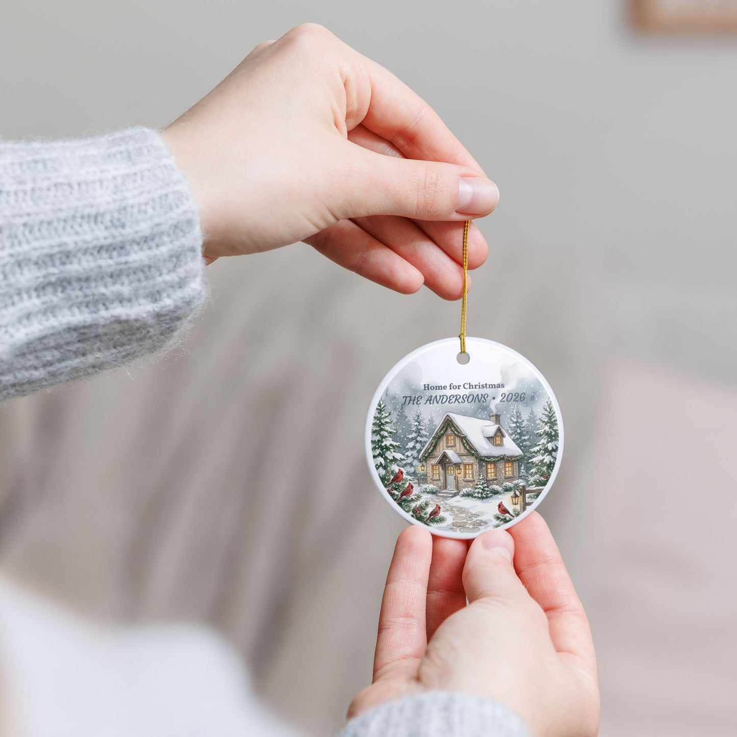 Personalized Ceramic Christmas Ornament - 'Home for Christmas' Snowy Cottage, Family Name & Year
