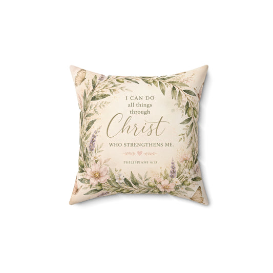 Inspirational Christian Pillow - "I Can Do All Things Through Christ" Floral Throw Pillow