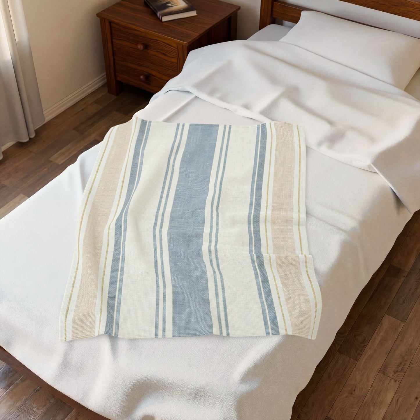 Striped Velveteen Plush Blanket — Cozy Blue & Beige Throw for Living Room or Beach