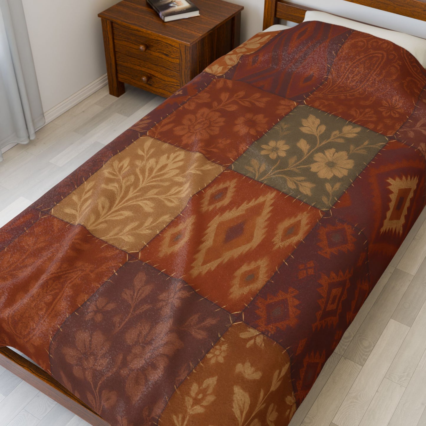 Rustic Patchwork Boho Velveteen Plush Blanket