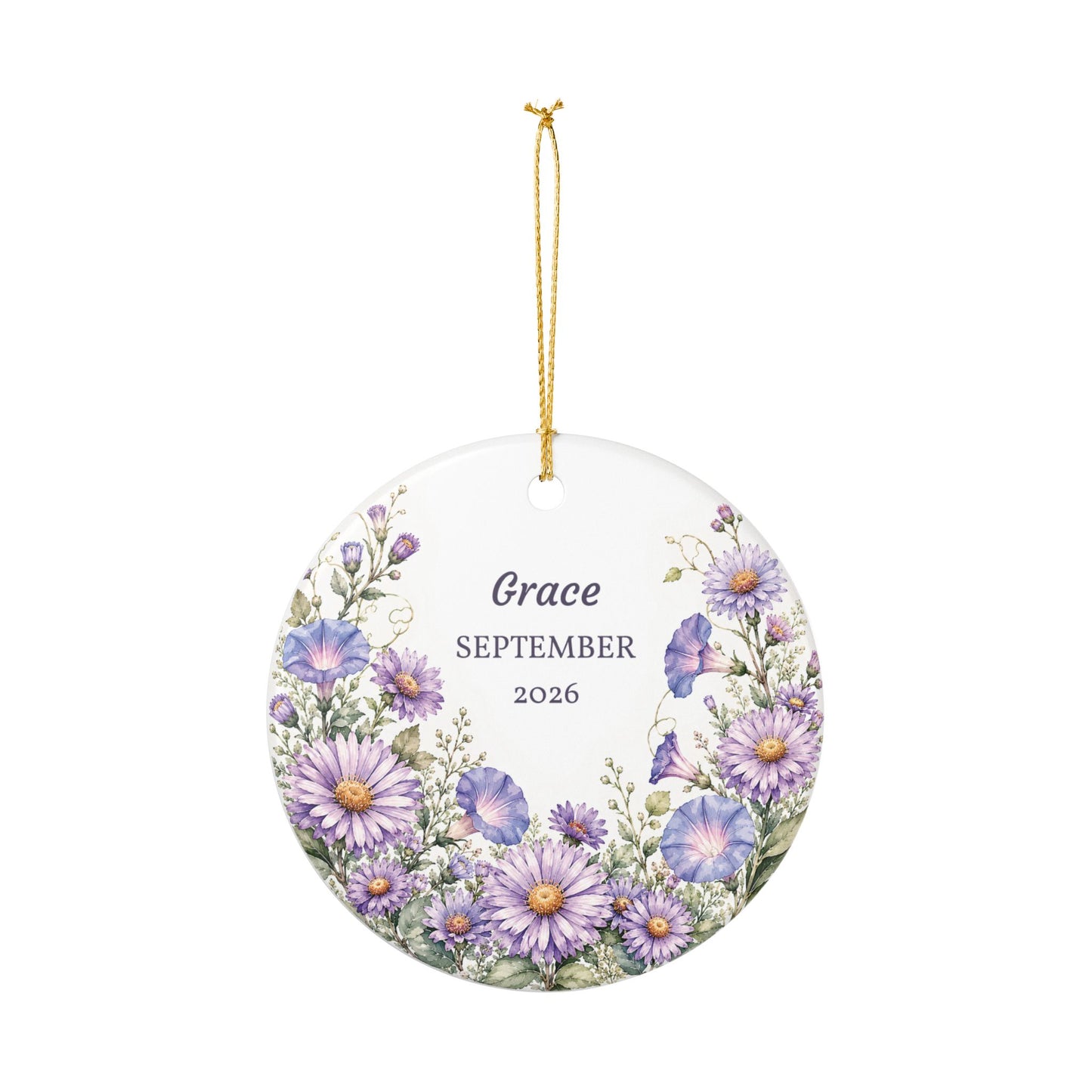 Personalized Ceramic Ornament — Purple Daisy Floral Birth/Memory Keepsake
