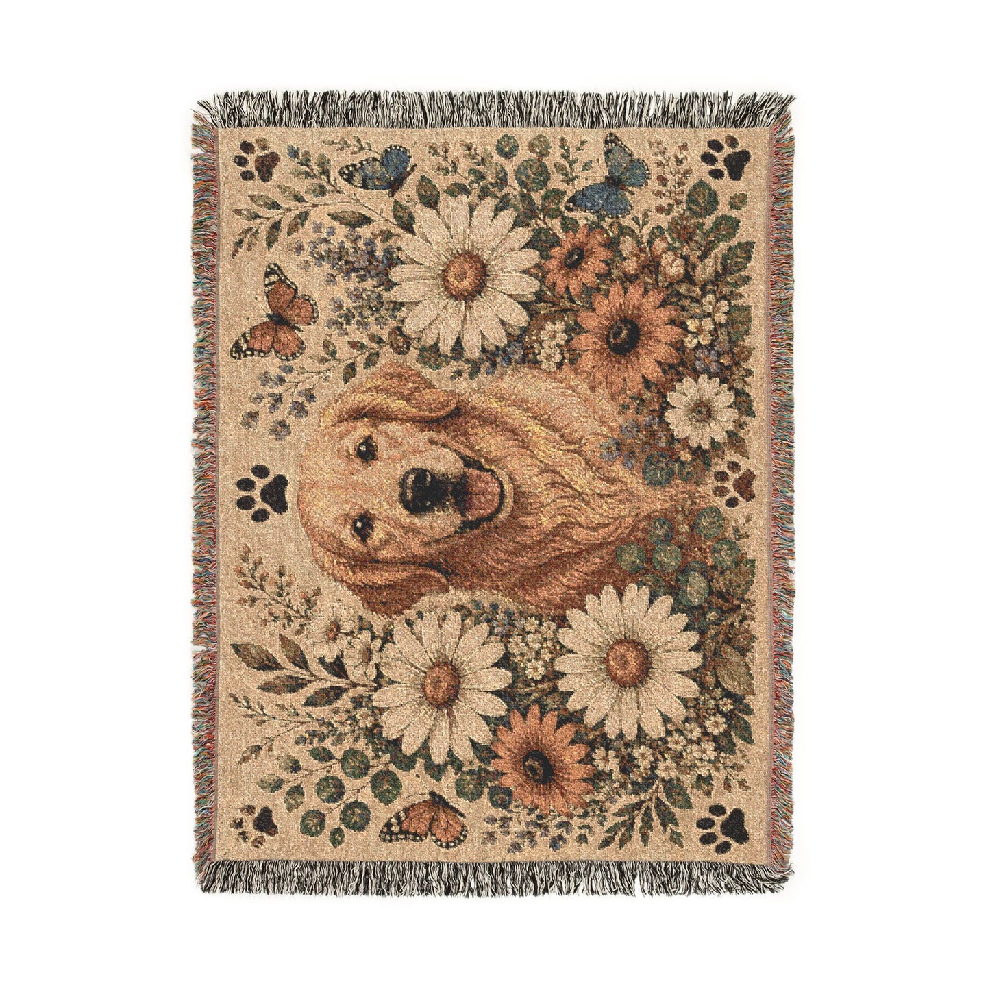 Golden Retriever Floral Woven Blanket — Cozy Throw with Daisies & Butterflies