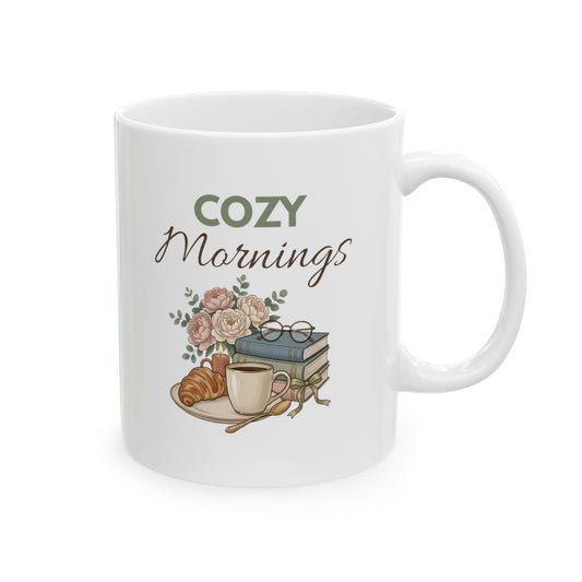 Ceramic Mug - Cozy Morning Coffee Mug with Rustic Floral Illustration