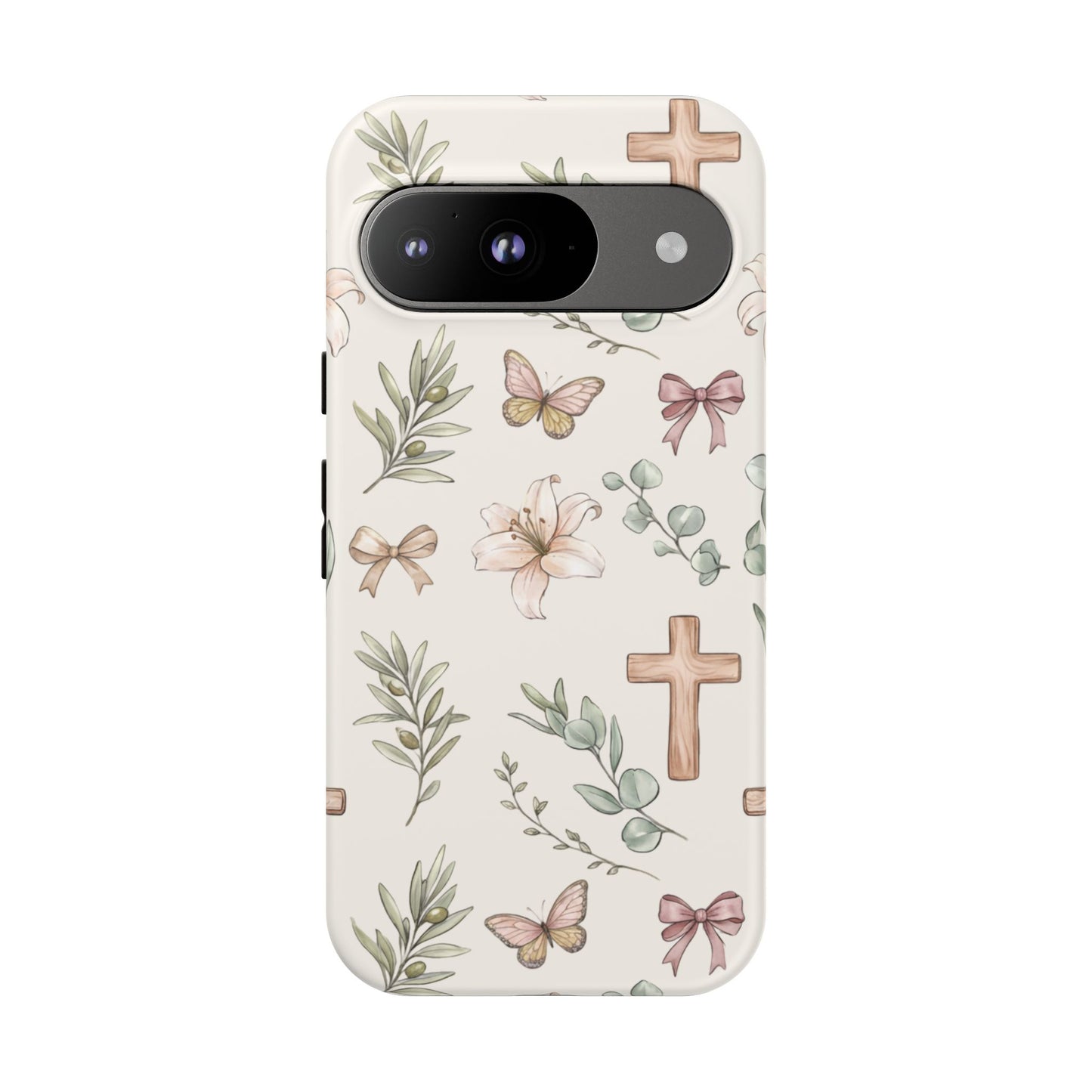 Floral Cross Tough Phone Case — Pastel Butterflies & Bows Christian Design