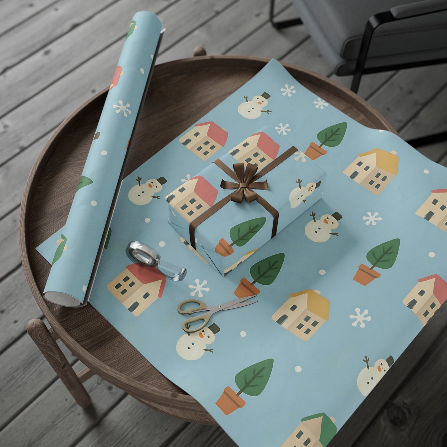 Whimsical Winter Village Wrapping Paper – Snowmen, Trees & Cozy Houses