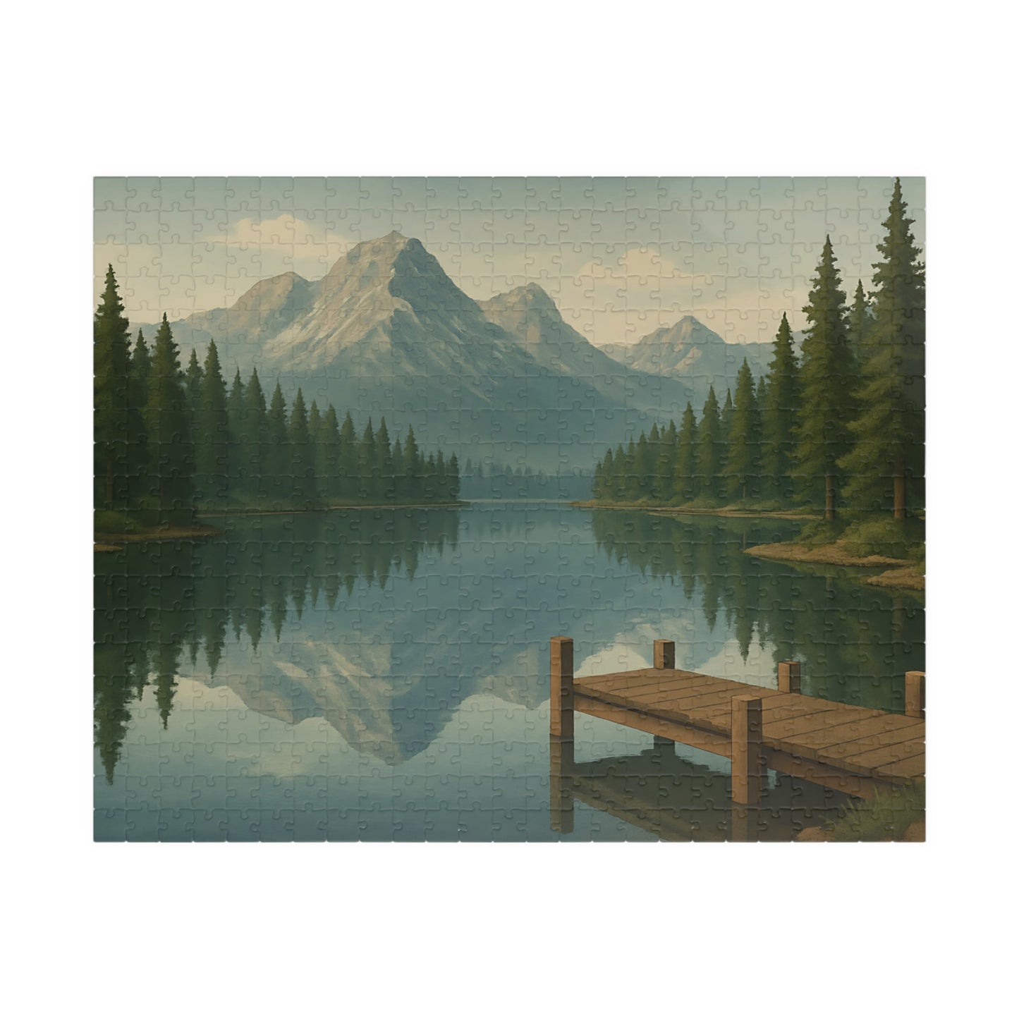 Mountain Lake Reflection Jigsaw Puzzle – Scenic Nature Dock View